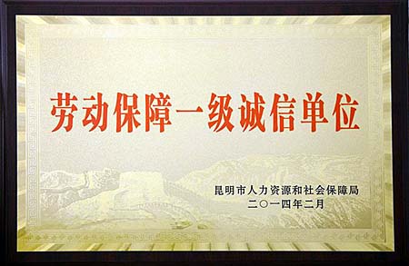 天盟连锁被评为2013年“昆明市劳动保障一级诚信单位”